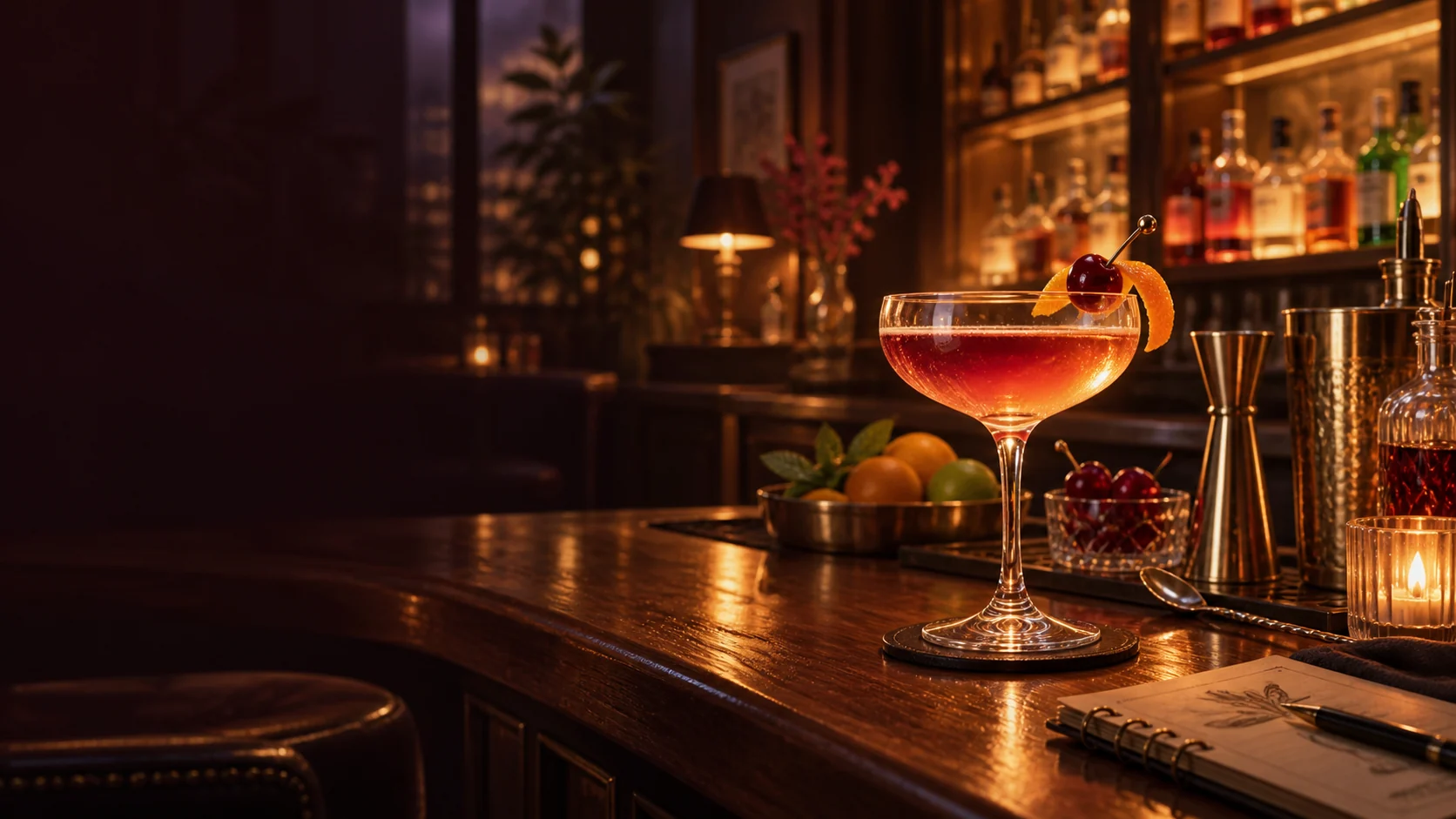 Warm cocktail glass artwork for Mixed Spirits: Bartender